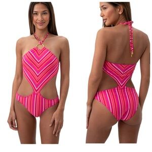 NWT Trina Turk Marai Ring Halter Neck Cutout One Piece Swimsuit Pink size 10
